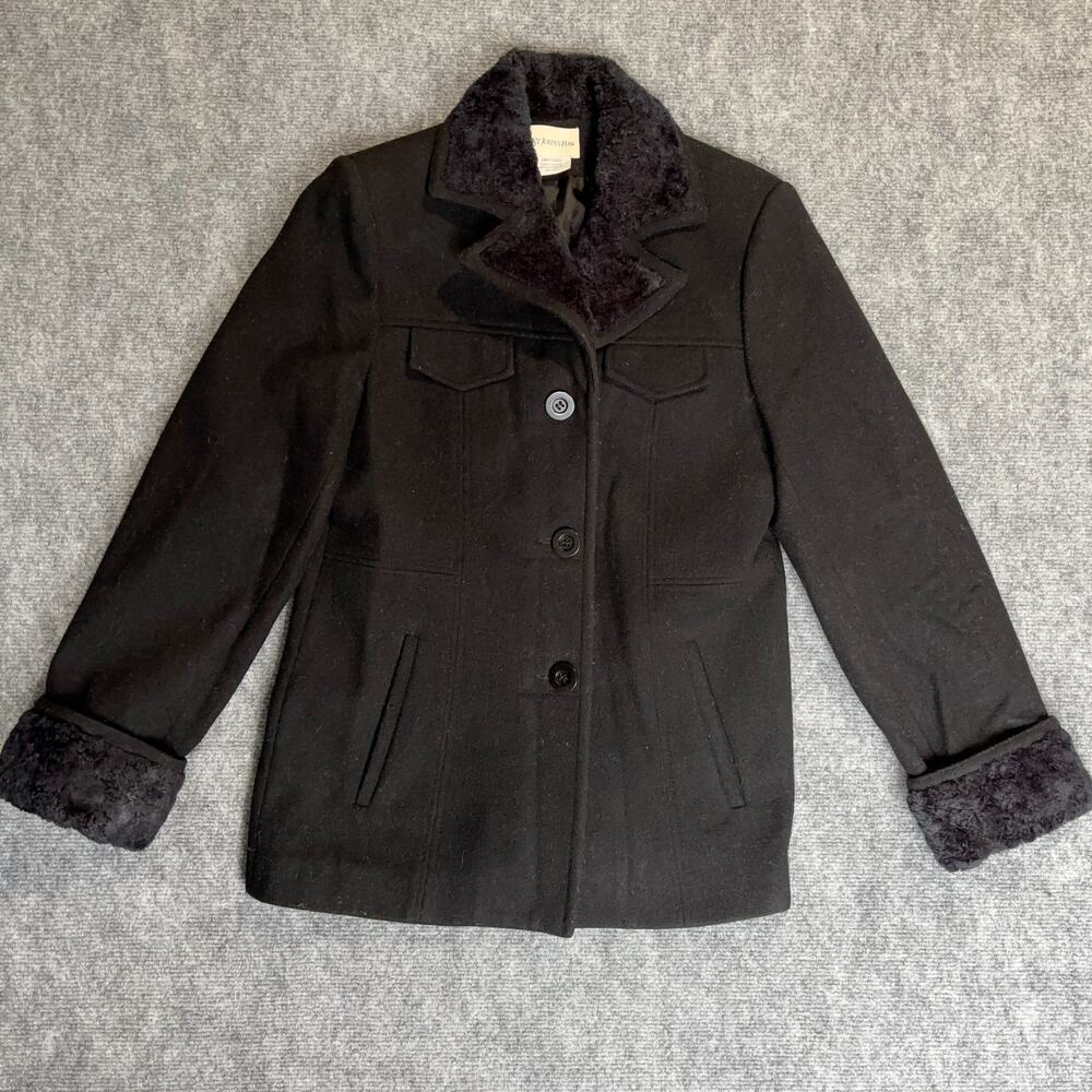 St. John's Bay Ukraine Made Womens Small Black Wool Coat Faux Shearling Trim Y2K